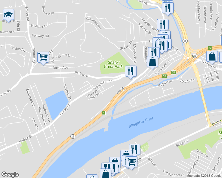 map of restaurants, bars, coffee shops, grocery stores, and more near 101 Vista Street in Pittsburgh