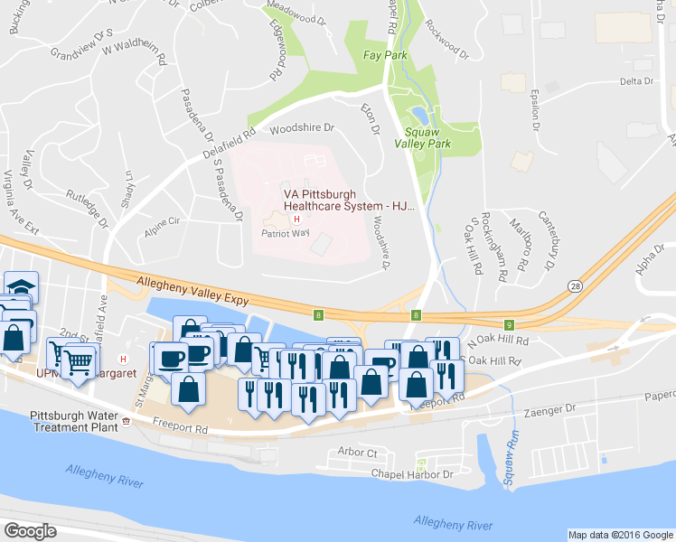 map of restaurants, bars, coffee shops, grocery stores, and more near 162 Woodshire Drive in Pittsburgh