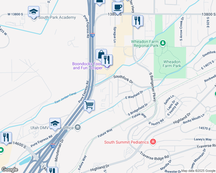 map of restaurants, bars, coffee shops, grocery stores, and more near 14265 South Side Hill Lane in Draper