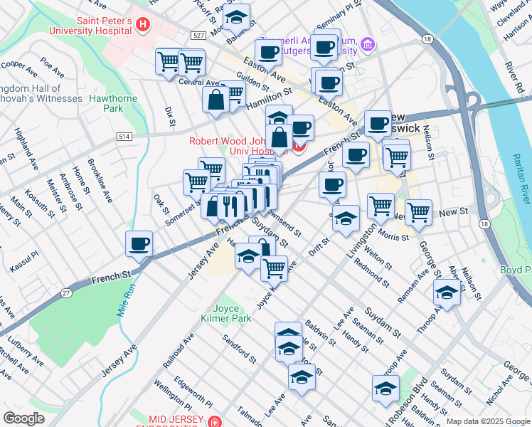 map of restaurants, bars, coffee shops, grocery stores, and more near 136 French Street in New Brunswick