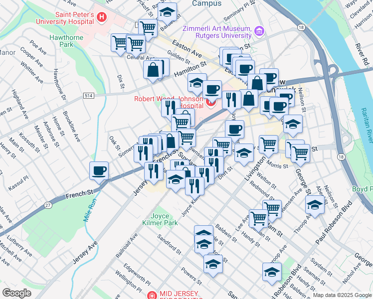 map of restaurants, bars, coffee shops, grocery stores, and more near 136 French Street in New Brunswick