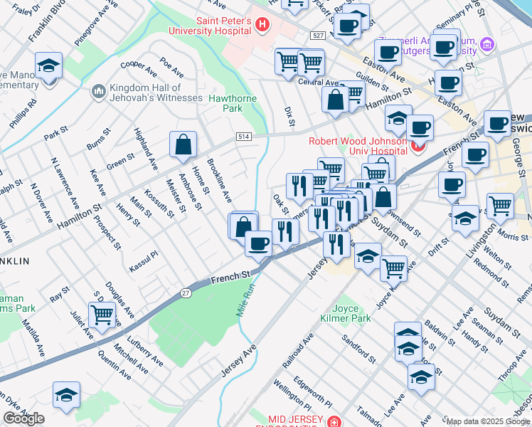 map of restaurants, bars, coffee shops, grocery stores, and more near 7 Laurel Place in New Brunswick