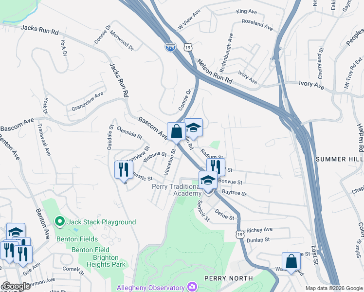 map of restaurants, bars, coffee shops, grocery stores, and more near 4101 Vinceton Street in Pittsburgh