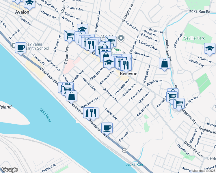 map of restaurants, bars, coffee shops, grocery stores, and more near 72 South Fremont Avenue in Bellevue