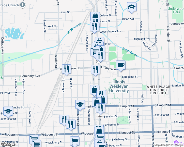 map of restaurants, bars, coffee shops, grocery stores, and more near 201 West Seminary Avenue in Bloomington