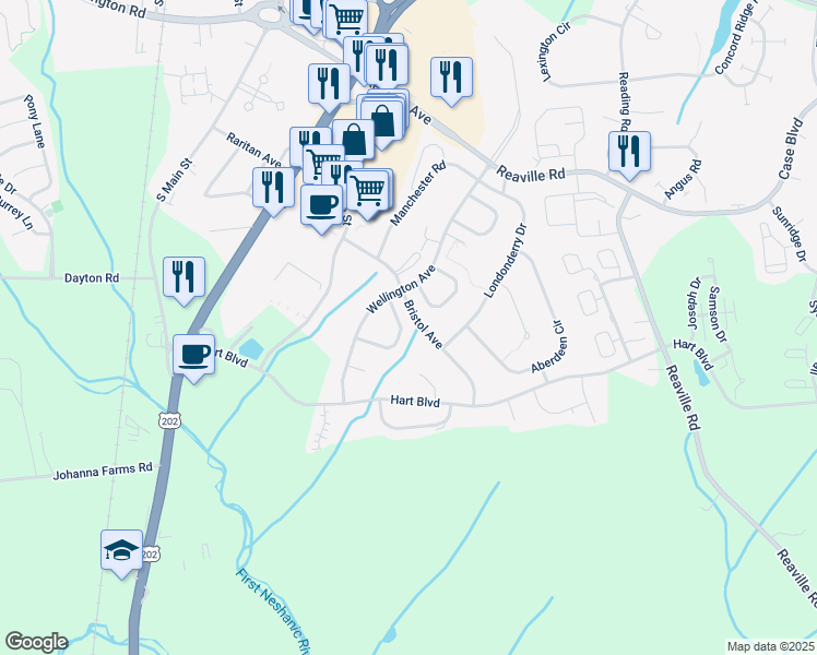 map of restaurants, bars, coffee shops, grocery stores, and more near 29 Canterberry Cir in Flemington