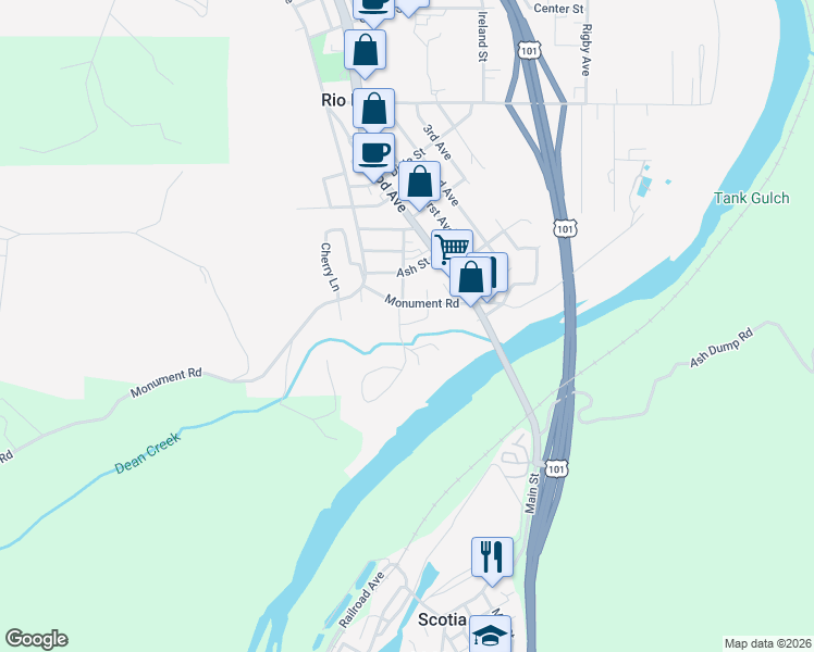 map of restaurants, bars, coffee shops, grocery stores, and more near 168 South Sequoia Avenue in Rio Dell