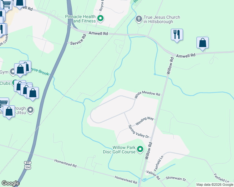 map of restaurants, bars, coffee shops, grocery stores, and more near 41 White Meadow Road in Hillsborough Township