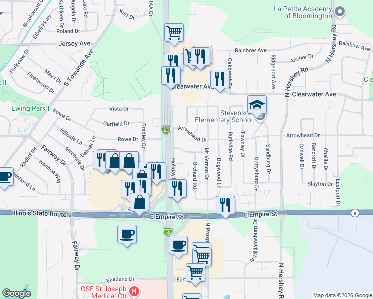 map of restaurants, bars, coffee shops, grocery stores, and more near 1706 Wildwood Road in Bloomington