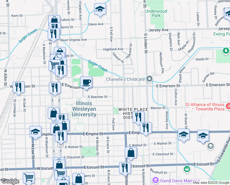map of restaurants, bars, coffee shops, grocery stores, and more near 1413 Fell Avenue in Bloomington