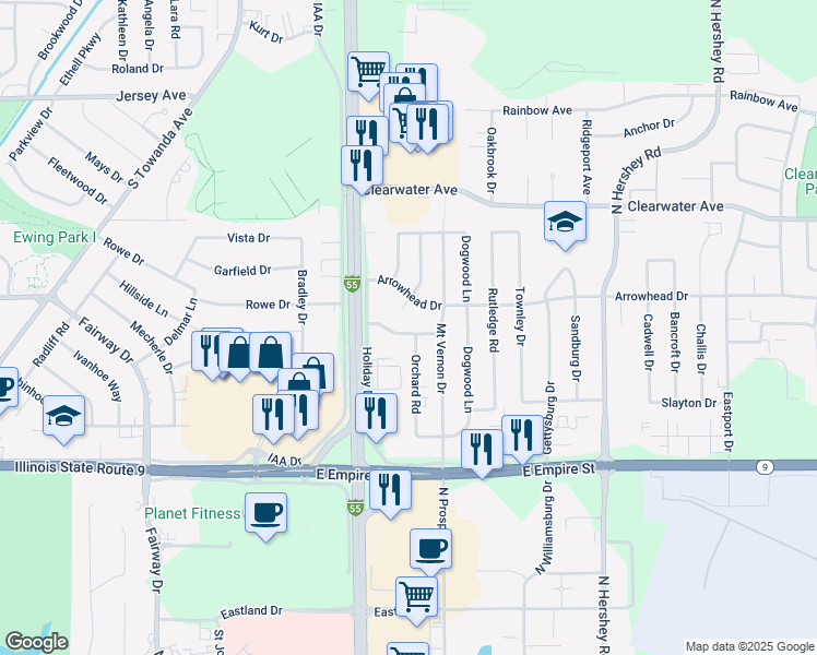 map of restaurants, bars, coffee shops, grocery stores, and more near 1710 Wildwood Road in Bloomington