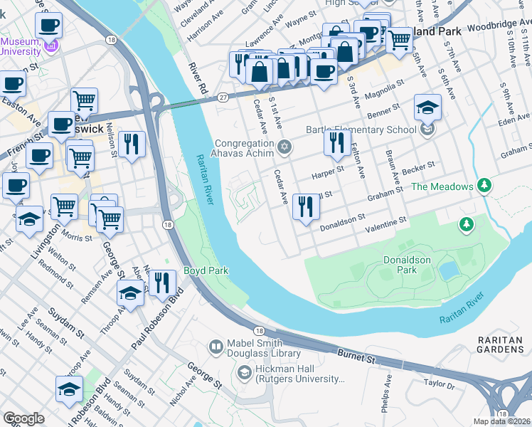 map of restaurants, bars, coffee shops, grocery stores, and more near 204 South Adelaide Avenue in Highland Park