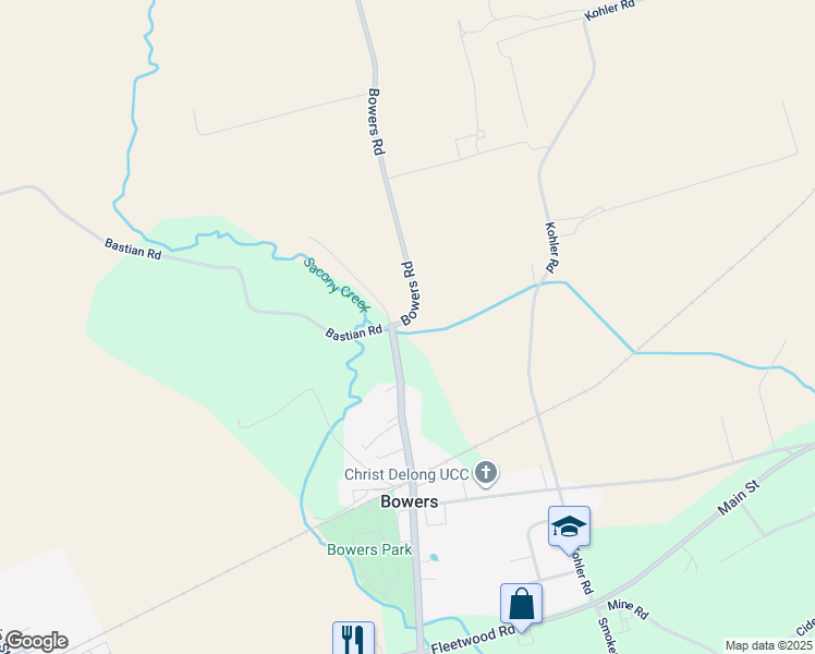 map of restaurants, bars, coffee shops, grocery stores, and more near 370 Bowers Road in Kutztown