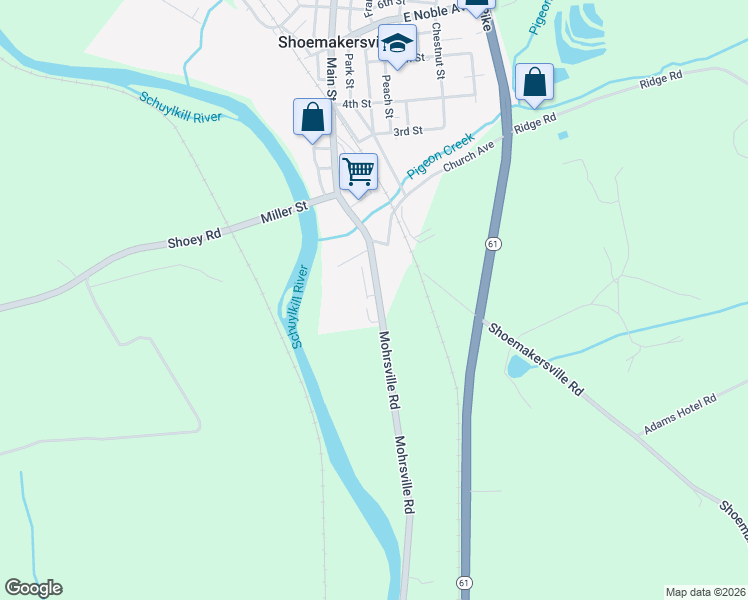 map of restaurants, bars, coffee shops, grocery stores, and more near 28 Main Street in Shoemakersville