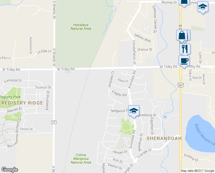 map of restaurants, bars, coffee shops, grocery stores, and more near 6707 Holyoke Court in Fort Collins
