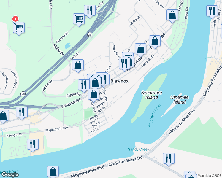 map of restaurants, bars, coffee shops, grocery stores, and more near 710 Laurel Street in Pittsburgh