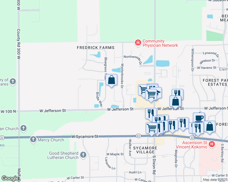 map of restaurants, bars, coffee shops, grocery stores, and more near 2652 Wynterpointe Court in Kokomo
