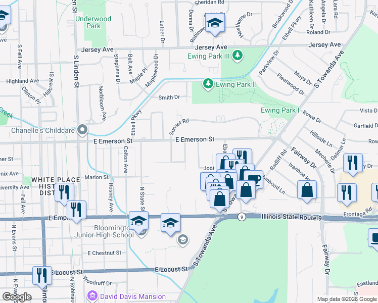 map of restaurants, bars, coffee shops, grocery stores, and more near 6 Inverness Dr in Bloomington