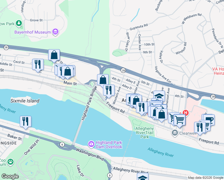 map of restaurants, bars, coffee shops, grocery stores, and more near 1 2nd Street in Pittsburgh