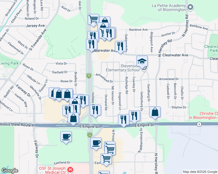 map of restaurants, bars, coffee shops, grocery stores, and more near 1716 Wildwood Road in Bloomington