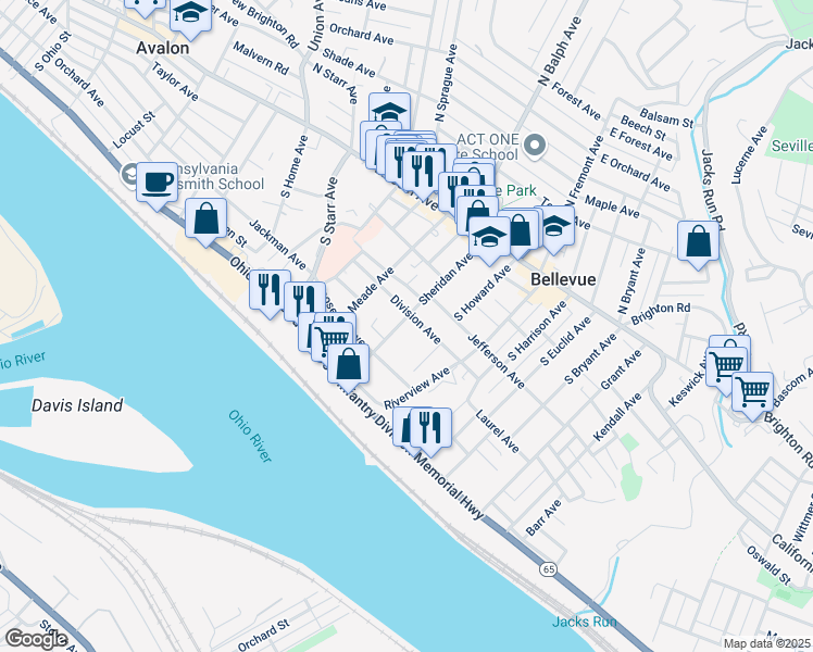 map of restaurants, bars, coffee shops, grocery stores, and more near 125 Sheridan Avenue in Pittsburgh