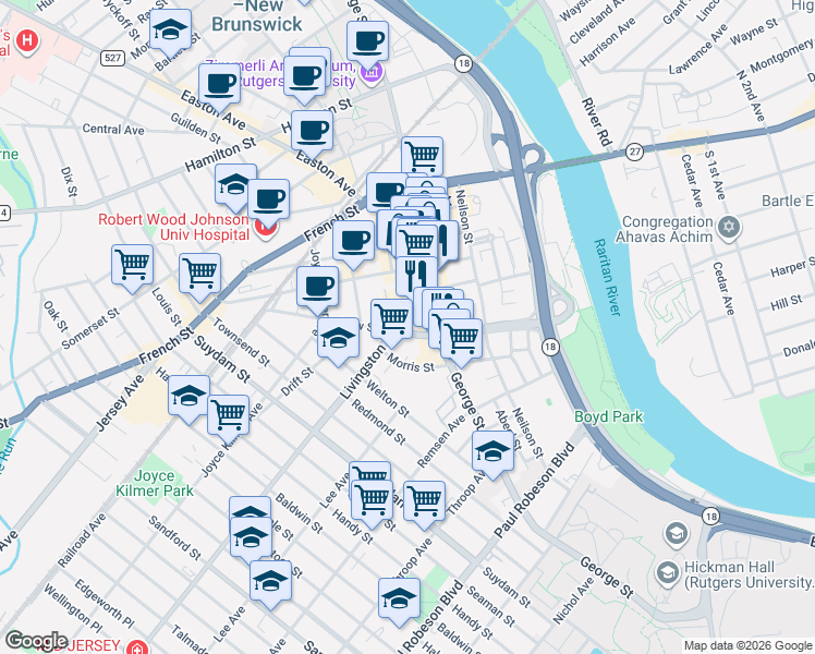 map of restaurants, bars, coffee shops, grocery stores, and more near 20 Livingston Avenue in New Brunswick