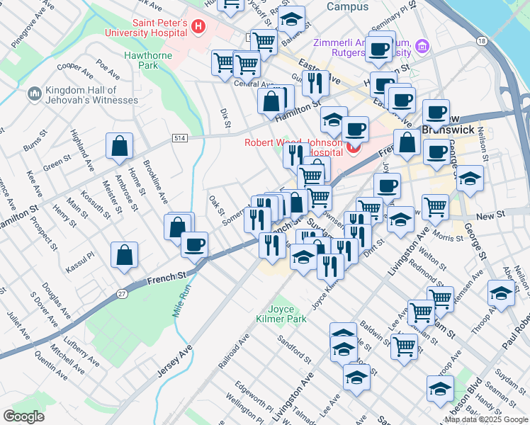 map of restaurants, bars, coffee shops, grocery stores, and more near 23 Alexander Street in New Brunswick