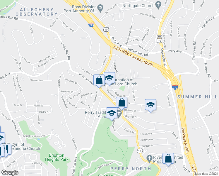 map of restaurants, bars, coffee shops, grocery stores, and more near 4070 Franklin Road in Pittsburgh