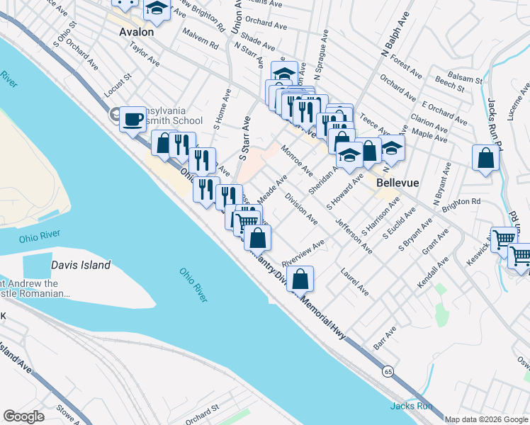 map of restaurants, bars, coffee shops, grocery stores, and more near 520 Roosevelt Avenue in Pittsburgh