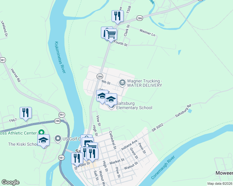 map of restaurants, bars, coffee shops, grocery stores, and more near 241 10th Street in Saltsburg