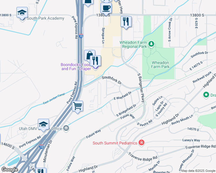 map of restaurants, bars, coffee shops, grocery stores, and more near 14255 Daisyfield Drive in Draper