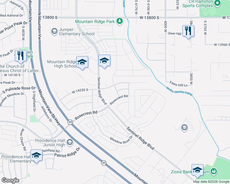 map of restaurants, bars, coffee shops, grocery stores, and more near 14248 South Greenford Lane in Riverton