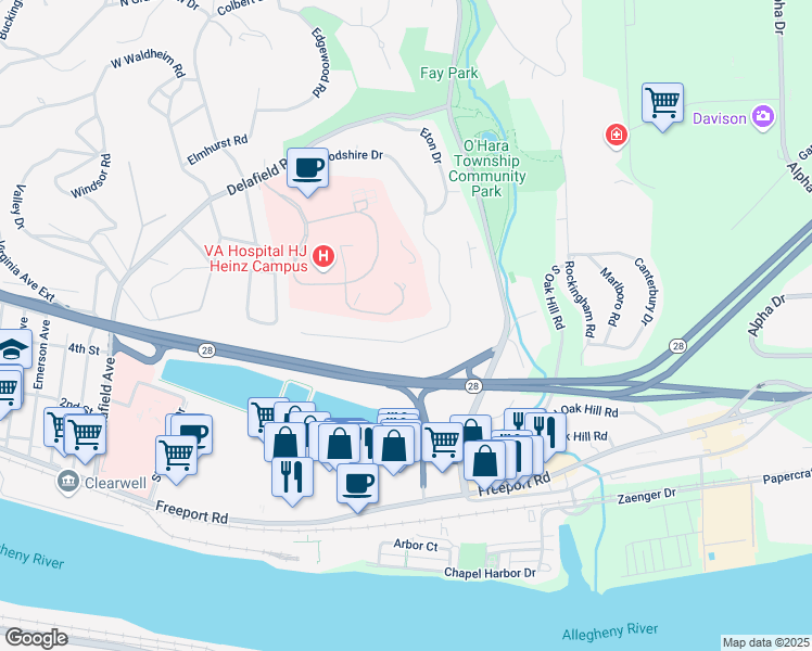 map of restaurants, bars, coffee shops, grocery stores, and more near 162 Woodshire Drive in Pittsburgh