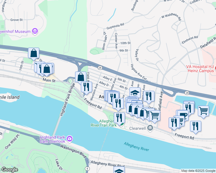 map of restaurants, bars, coffee shops, grocery stores, and more near 135 3rd Street in Aspinwall