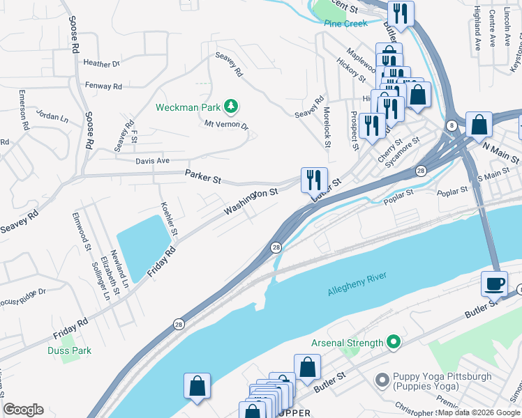 map of restaurants, bars, coffee shops, grocery stores, and more near 101 Vista Street in Pittsburgh