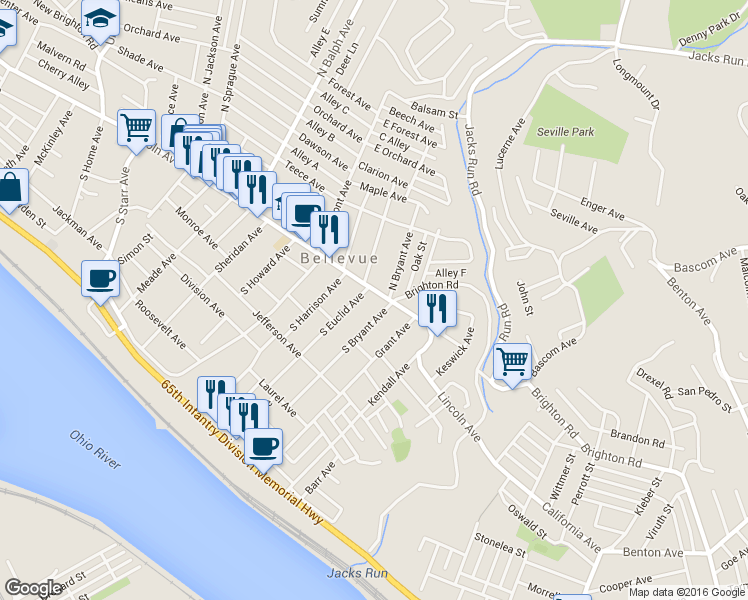 map of restaurants, bars, coffee shops, grocery stores, and more near 13 South Euclid Avenue in Pittsburgh