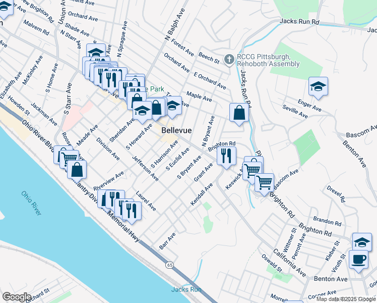map of restaurants, bars, coffee shops, grocery stores, and more near 13 South Euclid Avenue in Pittsburgh