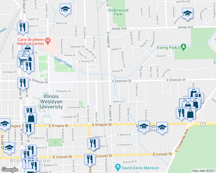 map of restaurants, bars, coffee shops, grocery stores, and more near 1321 North Linden Street in Bloomington