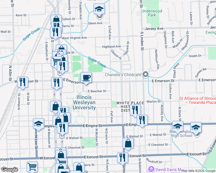map of restaurants, bars, coffee shops, grocery stores, and more near 414 East Beecher Street in Bloomington