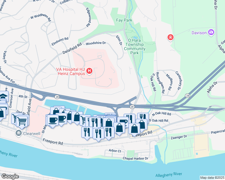 map of restaurants, bars, coffee shops, grocery stores, and more near 162 Woodshire Drive in Pittsburgh