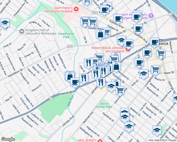 map of restaurants, bars, coffee shops, grocery stores, and more near 299 Somerset Street in New Brunswick