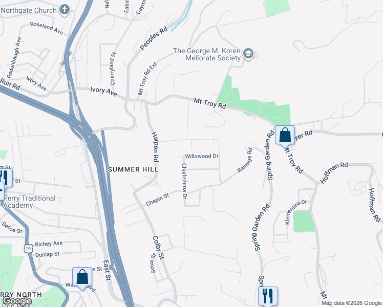 map of restaurants, bars, coffee shops, grocery stores, and more near 121 Willowood Drive in Pittsburgh