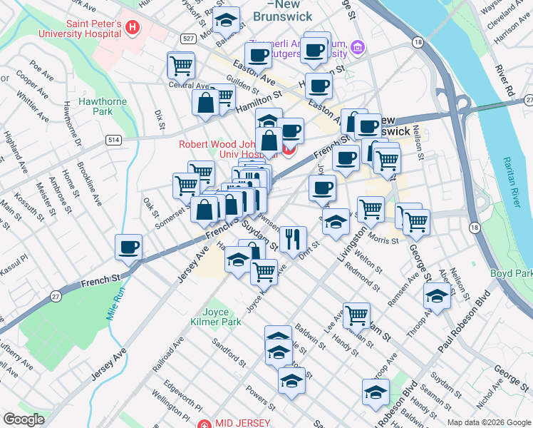 map of restaurants, bars, coffee shops, grocery stores, and more near 333 Townsend Street in New Brunswick