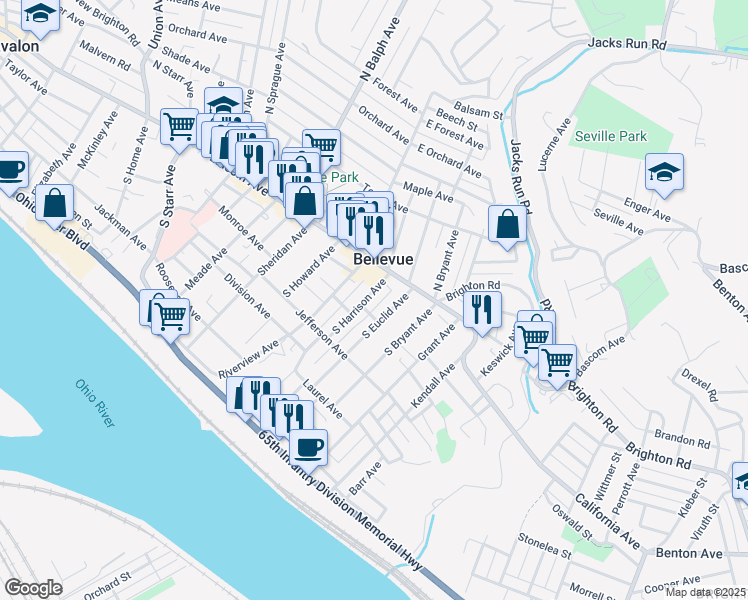 map of restaurants, bars, coffee shops, grocery stores, and more near 35 South Harrison Avenue in Pittsburgh