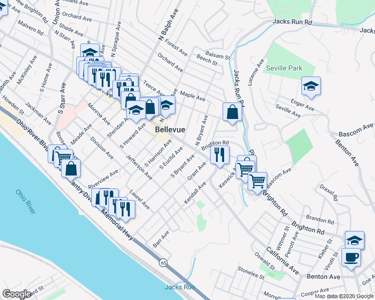 map of restaurants, bars, coffee shops, grocery stores, and more near 255 Lincoln Avenue in Bellevue