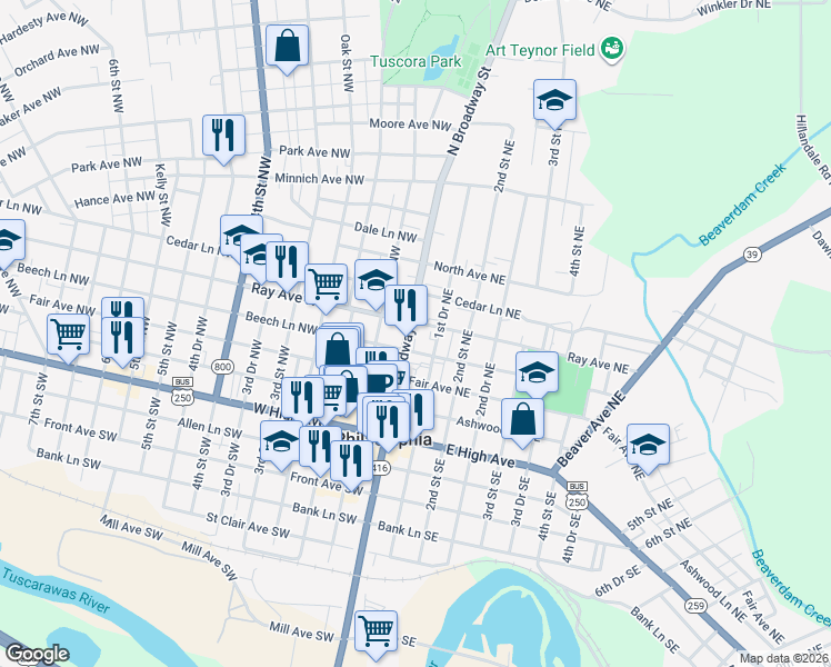 map of restaurants, bars, coffee shops, grocery stores, and more near 243 North Broadway Street in New Philadelphia