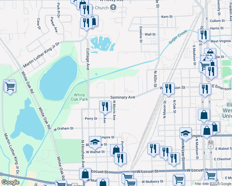 map of restaurants, bars, coffee shops, grocery stores, and more near 1507 North Morris Avenue in Bloomington