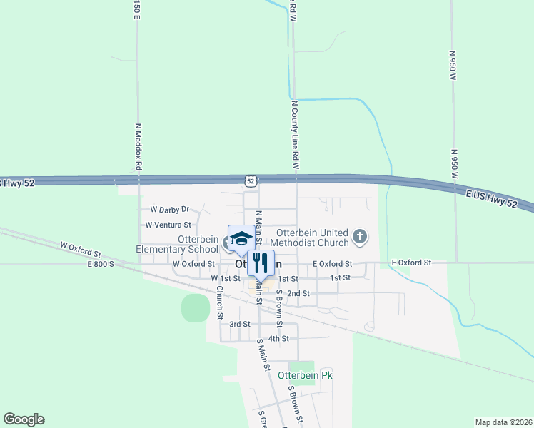 map of restaurants, bars, coffee shops, grocery stores, and more near 209 North Main Street in Otterbein