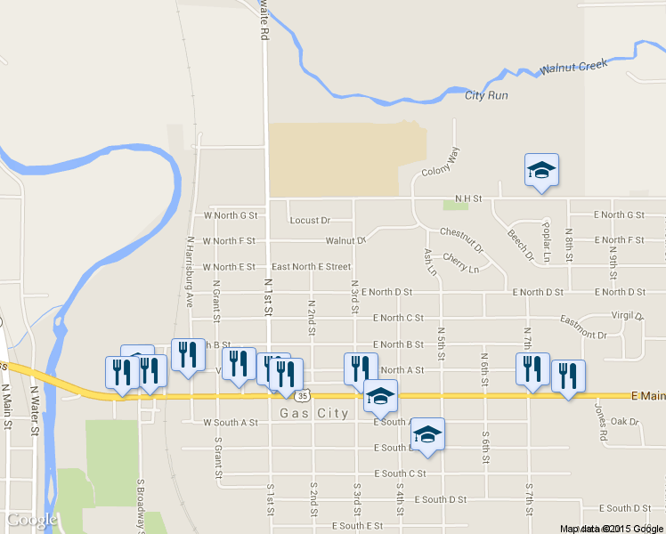 map of restaurants, bars, coffee shops, grocery stores, and more near 212 East North E Street in Gas City