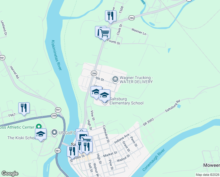 map of restaurants, bars, coffee shops, grocery stores, and more near 241 10th Street in Saltsburg